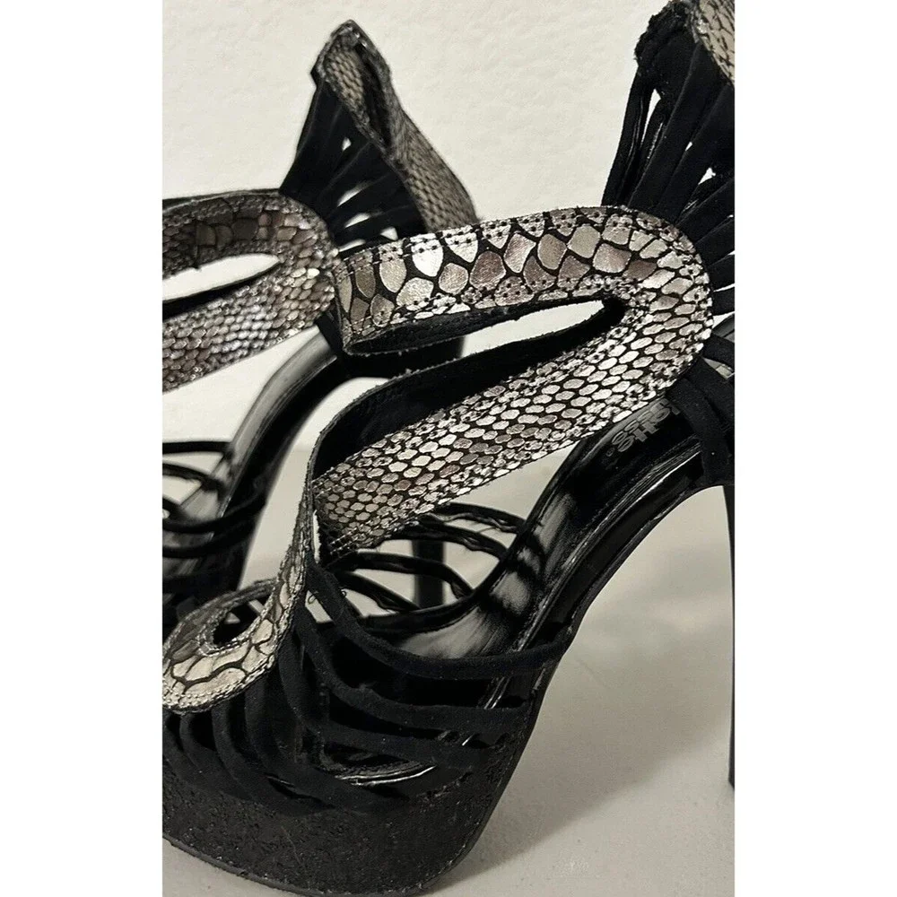 Charlotte Russe Black with Sliver Metallic Caged Platform Heels with Zippers S7
